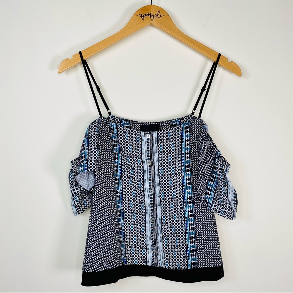 Greylin Keeley Geometric Boho Crop Button Up Top Blouse Black Blue Size Medium